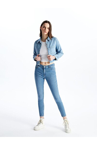 LC Waikiki LCW Vision Açık İndigo Rodeo Gömlek Yaka Crop Kadın Jean Ceket