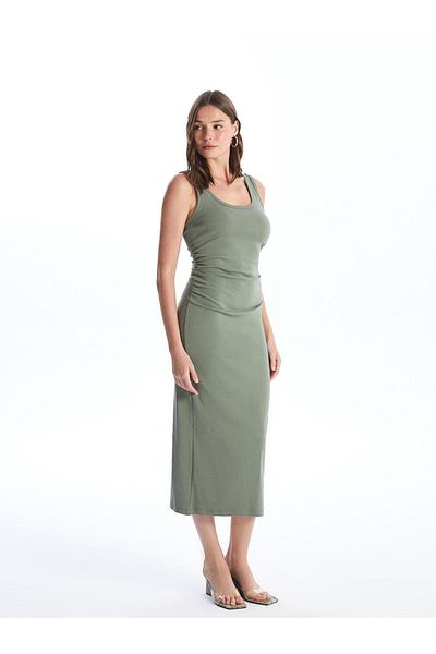LC Waikiki Γυναικείο φόρεμα Bodycon με λαιμόκοψη LCW Vision Khaki