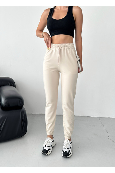 Babelook Μπεζ Jogger Sweatpants με ψηλόμεσες τσέπες - 2 κλωστές