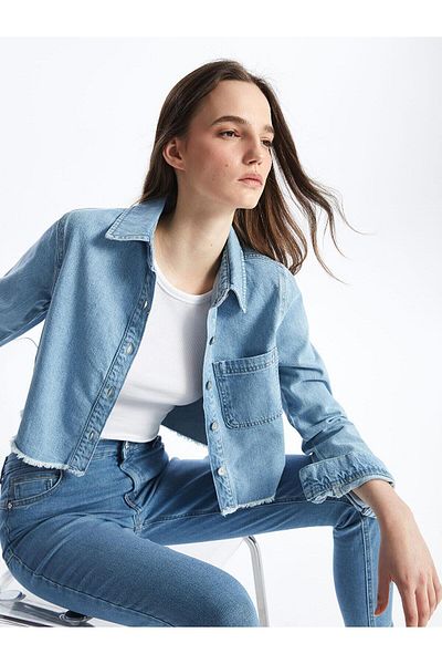 LC Waikiki Jachetă de blugi pentru femei LCW Vision Light Indigo Crop - Guler cămașă Rodeo