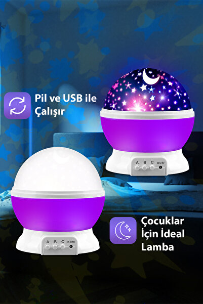 ALFAGİFT Ay Ve Yıldızlı Gökyüzü Yansıtmalı Dönen Projeksiyon Gece Lambası- Çocuk Bebek Odası Mor