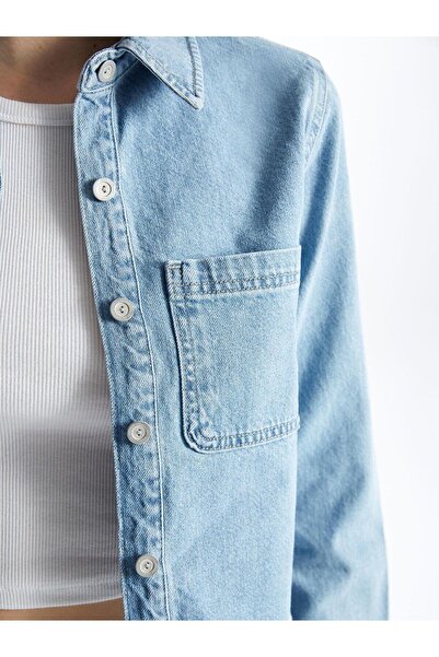 LC Waikiki LCW Vision Açık İndigo Rodeo Gömlek Yaka Crop Kadın Jean Ceket