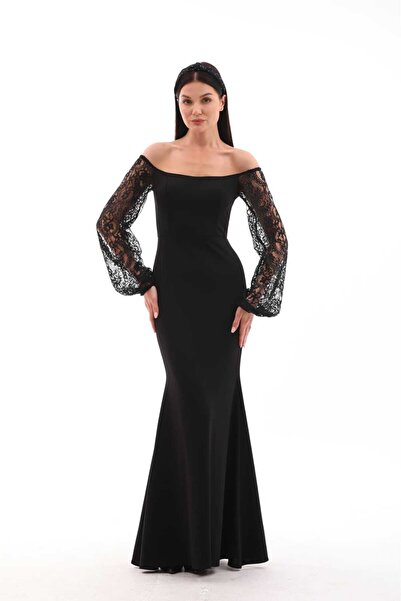 ldn giyim Yerli krep Kumaş Koordineli Dantel Detaylı Balık Elbise