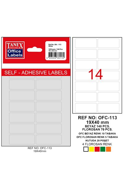 Tanex Αυτοκόλλητο γραφείου σε τσάντα 19x40 mm Λευκό Ofc-113 (ΣΥΣΚΕΥΗ 10 LU)