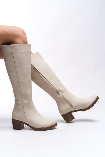 Riccon Hioverra Matte Beige Women's Heeled Boots - 0012745