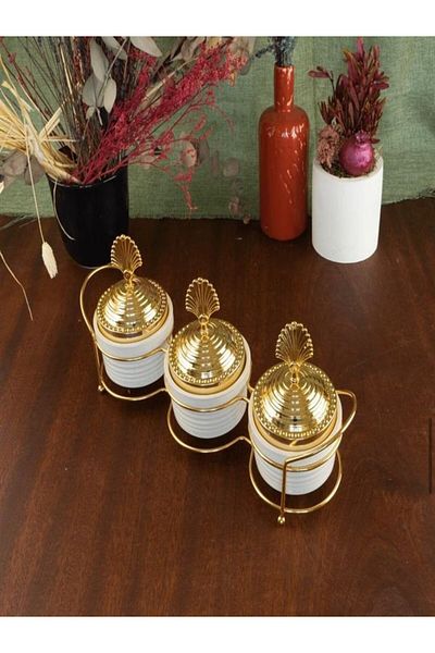 OSKAR FIRÇA Gold Ceramic Souffle and Spice Bowl Triple Set - Leaf Pattern