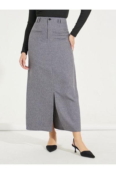 Styli Solid Maxi Skirt with Front Slit & Pockets