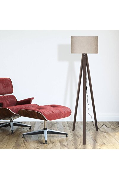 Genel Markalar Bej Lambader Kumaş Silindir Başlık Ahşap Kahve Ayak LY512