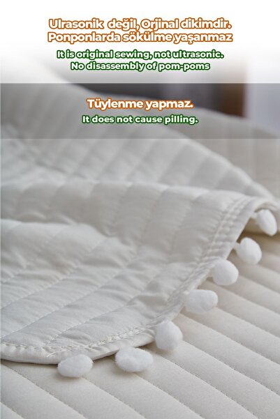 Evlen Home Collection %100 Pamuk Çift Kişilik Yatak Örtüsü Seti Kapitone Ponponlu Pike Takımı Dolgulu Kırık Beyaz