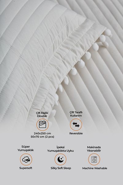 Evlen Home Collection 100% Cotton Double Bed Cover with Pompom (Pique) Set Off-White