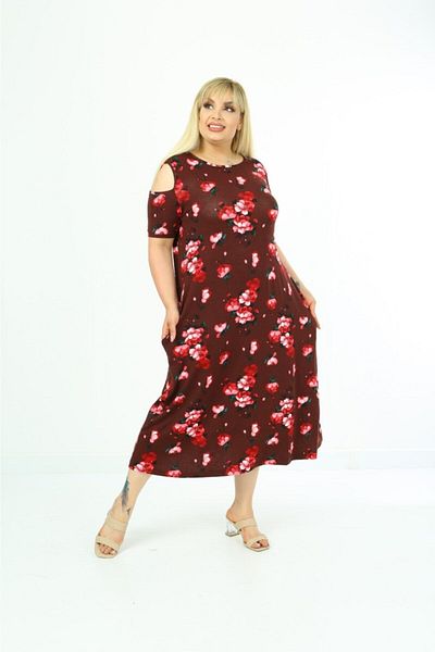 garajmood Rochie de damă bordeaux cu imprimeu cu flori mari, cu detaliu pe umeri, mărime mare