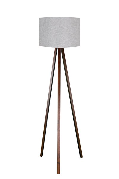 Genel Markalar 3 Ayaklı Lambader Tripod Ayak Üç Ayaklı Abajur Yuvarlak Kumaş Gri Başlık Kahverengi Ayak