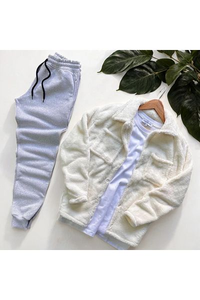 Fifty Color Unisex βελούδινο λευκό μπουφάν και γκρι αθλητική φόρμα συνδυασμένο κάτω επάνω
