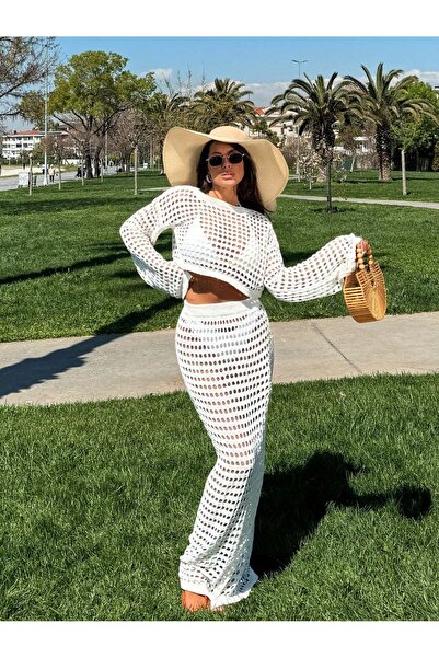 kenza'a Women's Openwork Crop Blouse Skirt Set