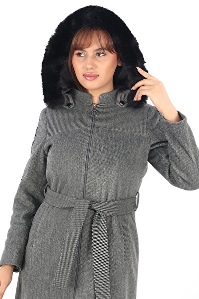 Wazze Kapişonlu Kürklü Kaban