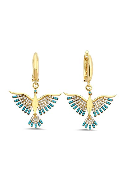 Kayra Mücevher Anka Kuşu Mavi Taşlı Altın Kaplama Küpe