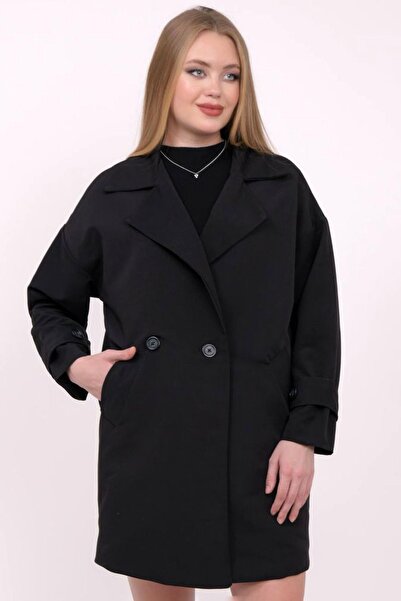 Ottawe Düğmeli Çentikli Yaka Uzun Kollu Rahat Kalıp İki Cepli Su Geçirmez Astarlı Diz Altı Trençkot