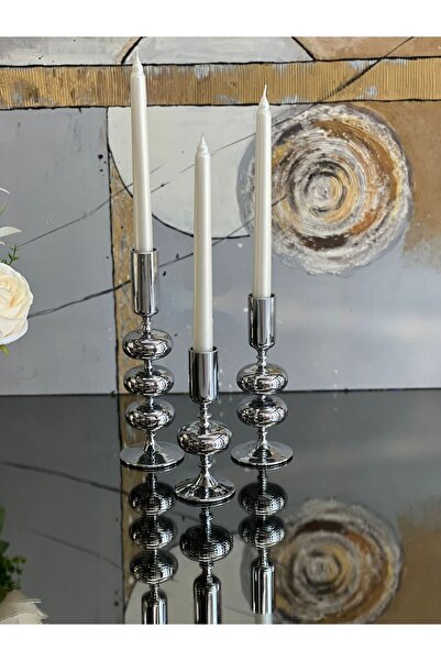 ArzzHome 3'lü Boğumlu Cam Mumluk & Şamdan Gümüş + Sedef Mum
