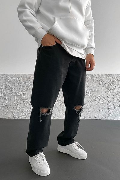 NO61 MAN Baggy Knee Ripped Model Black Grinded Loose Fit Jeans