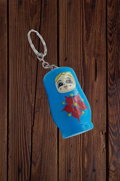 Dünyadan Hediyeler Blue Wooden Matryoshka Doll Keychain - 5cm Large Size