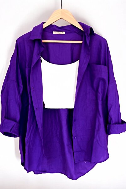 bb butik basic Oversize Keten Dokulu %100 Pamuk Tek Cepli Salaş Gömlek BB-KU3435