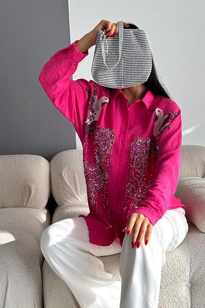FURKAN EXCLUSIVE Fuchsia Women's Oversize Shirt - Bird Pattern and Sequin Embroidered