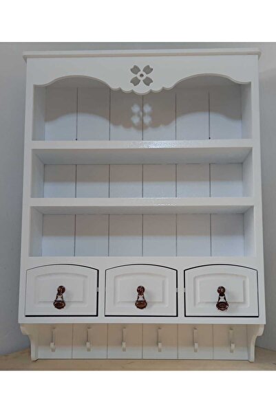 st koleksiyon hobi antika Ahşap Boyanabilir MDF Dekoratif 3 Raflı ve 3 Çekmeceli Duvar Rafı - Terek