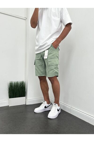 Genel Markalar Boyfriend Haki Yeşil Renk Kargo Cepli Gabardin Kumaş Kapri Şort