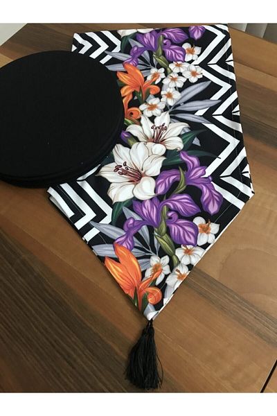 GNCHOME Alergăr cu model Lily și set de farfurii de masă neagră din 6 piese