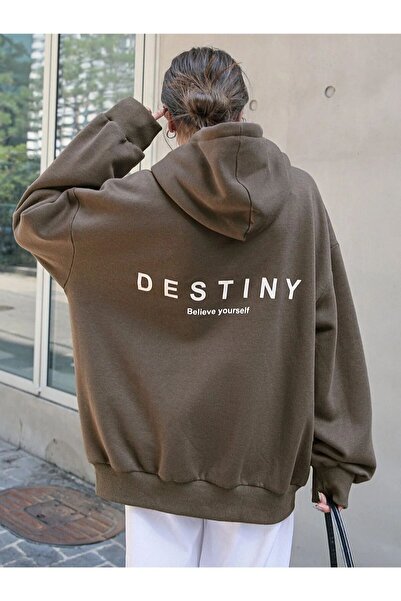 ÖZKAYNAK Unisex Kahverengi Destiny Baskı Oversize Kapşonlu Sweatshırt