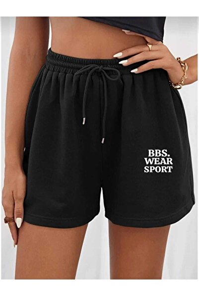 BBSWEAR SPORT BEYAZ  BASKLI SİYAH KADIN  Şort Rahat Giyim Mevsimlik 2 iplik Şort