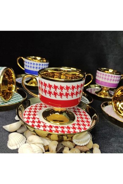 Kosova Colorful Houndstooth Patterned Coffee Set for 6 People