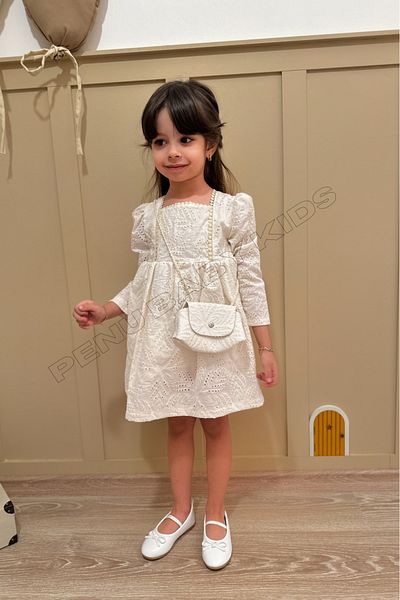 penu baby kids Ecru Flower Patterned Baby Girl Dress - Scalloped Bag Detailed
