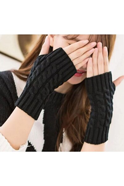 Nishstyle Siyah Renk Saç Örgüsü Model Başparmaktan Geçmeli Parmaksız Yün Eldiven