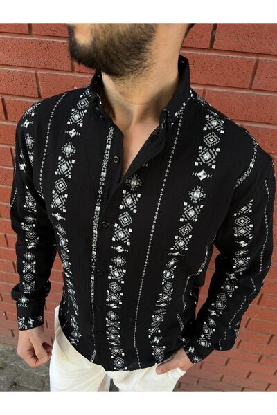 BY İMPALA MODA Ethnic Pattern Linen Shirt