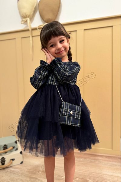 penu baby kids Rochie cu fustă din tul în carouri bleumarin pentru fetiță - PLAID