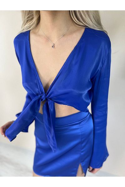 OlaFre Bluză de damă din satin, bluză de vară din satin cu cravată în față, bluză de vară din satin cu mâneci lungi.