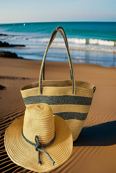 b besely Hasır Jüt Plaj Çantası ve Plaj Şapkası Seti Yazlık Şapka Yazlık Çant...