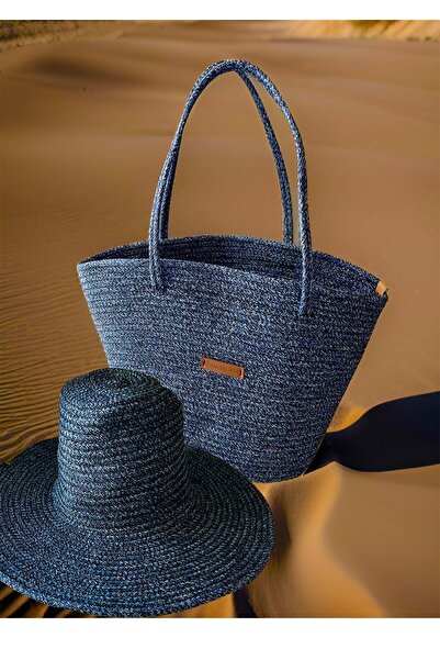 b besely Τσάντα παραλίας από ψάθινη γιούτα και σετ καπέλων παραλίας Καλοκαιρι...