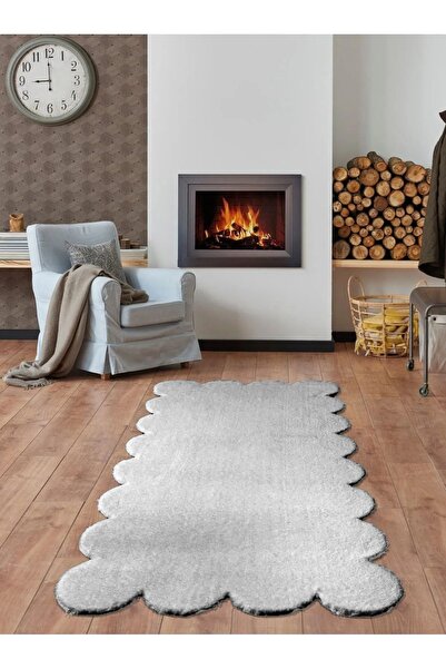Balat Halı Lazer Kesim Peluş Uzun Tüylü Yolluk Halı Açık Gri