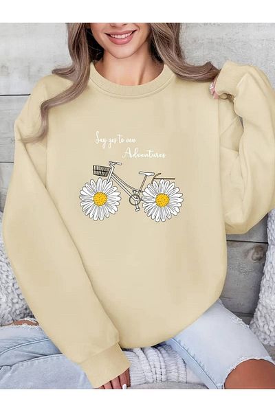 MODARİCH Μπεζ Oversize Daisy Bicycle φούτερ - Raised Crew Neck