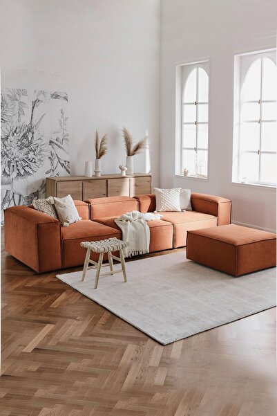 LOVİSSE HOME Flora Modüler L Köşe Koltuk Takımı Turuncu Kiremit Keten Kumaş -...
