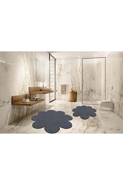Balat Halı 2'li Koyu Gri Banyo Halısı Peluş Post Halı Klozet Takımı 60x60(papatya) Ve 80x80(papatya)