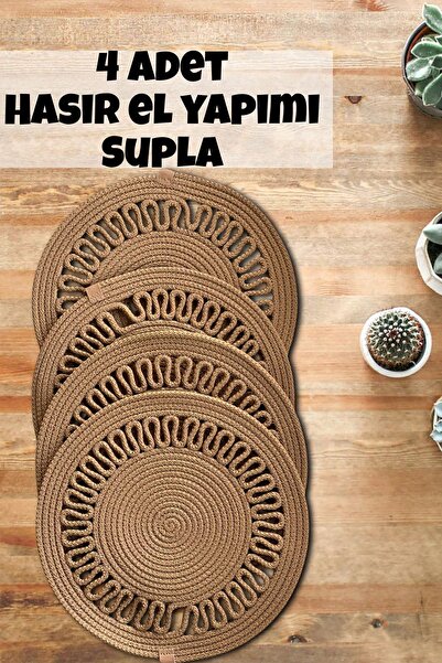 Evrimax 4 Adet Hasır Jüt Supla El Yapımı İşlemeli Yıkanabilir Doğal Natural Masa Amerikan Servisi 32 Çap