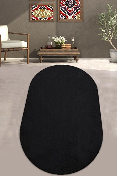 Balat Halı Elips Yumuşak Kaymaz Taban Siyah Peluş Halı  Yolluk