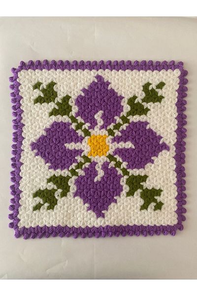 HERŞEY FIRSAT Lilac 1 Piece Flower Patterned Square Wool Hand Knitted - Gazizlik Bath Loofah