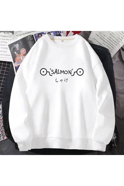 MODARİCH Hanorac alb oversize cu imprimeu salmon - decolteu