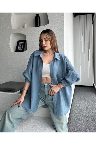 leilas Blue Luxury Quality Cotton Oversize Shirt - Loose Flowy, Standard Size