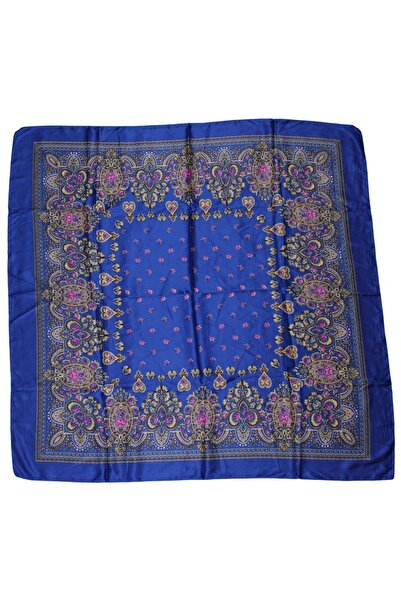 TikiTonki Etnik Çiçek Desenli Saten Lacivert Eşarp - 90x90