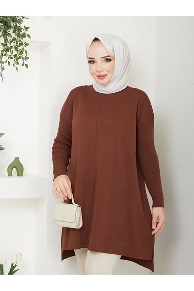 Pamuk Butik Дамска туника-пуловер от кафяв мерсеризиран трикотаж